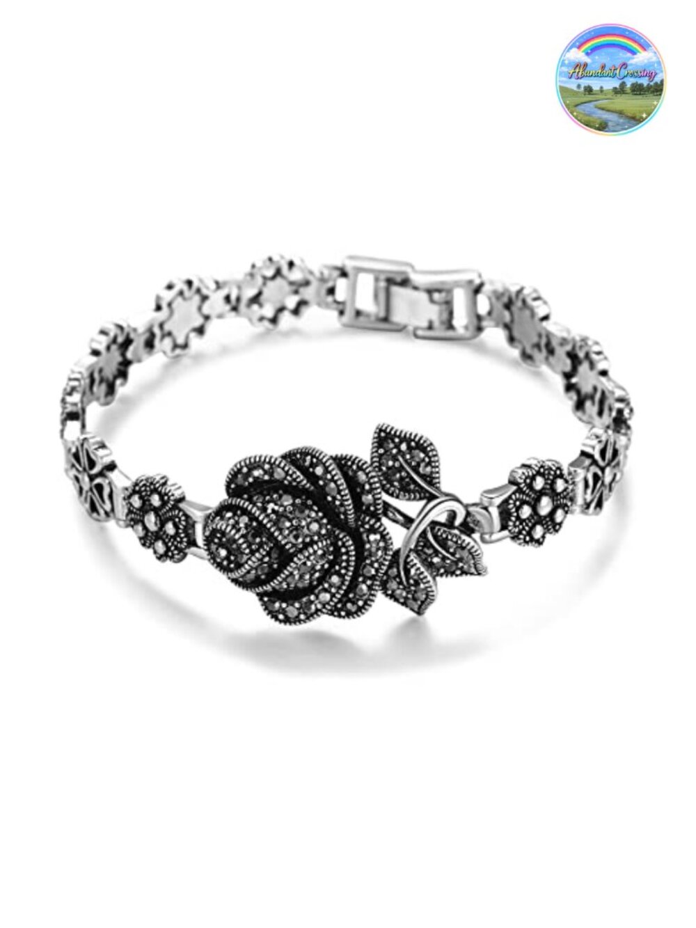 Marcasite Rose Flower Link Bracelet Vintage Alloy Jewelry Gift for Women